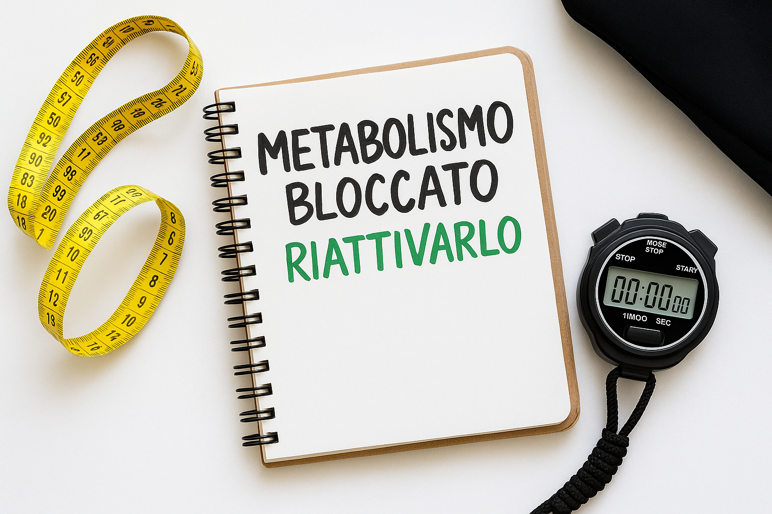 Taccuino con scritta Ricominciare la dieta, metro da sarto e mela verde