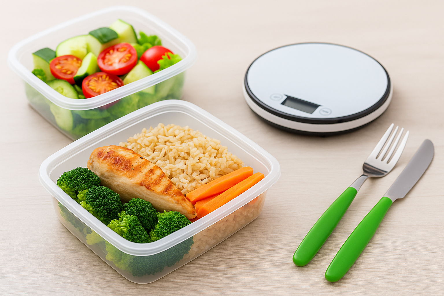 Contenitori meal prep e bilancia da cucina su tavolo in legno, simbolo di equilibrio nella reverse diet