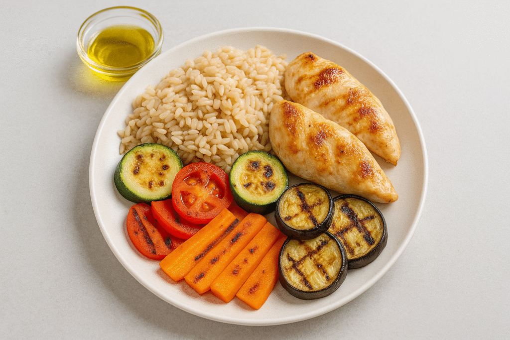 Piatto serale bilanciato con riso integrale, petto di pollo alla griglia e verdure grigliate con olio extravergine d’oliva, vista dall’alto
