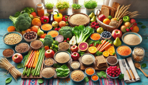 Tavola imbandita con alimenti ricchi di fibra: legumi, cereali integrali, frutta e verdura