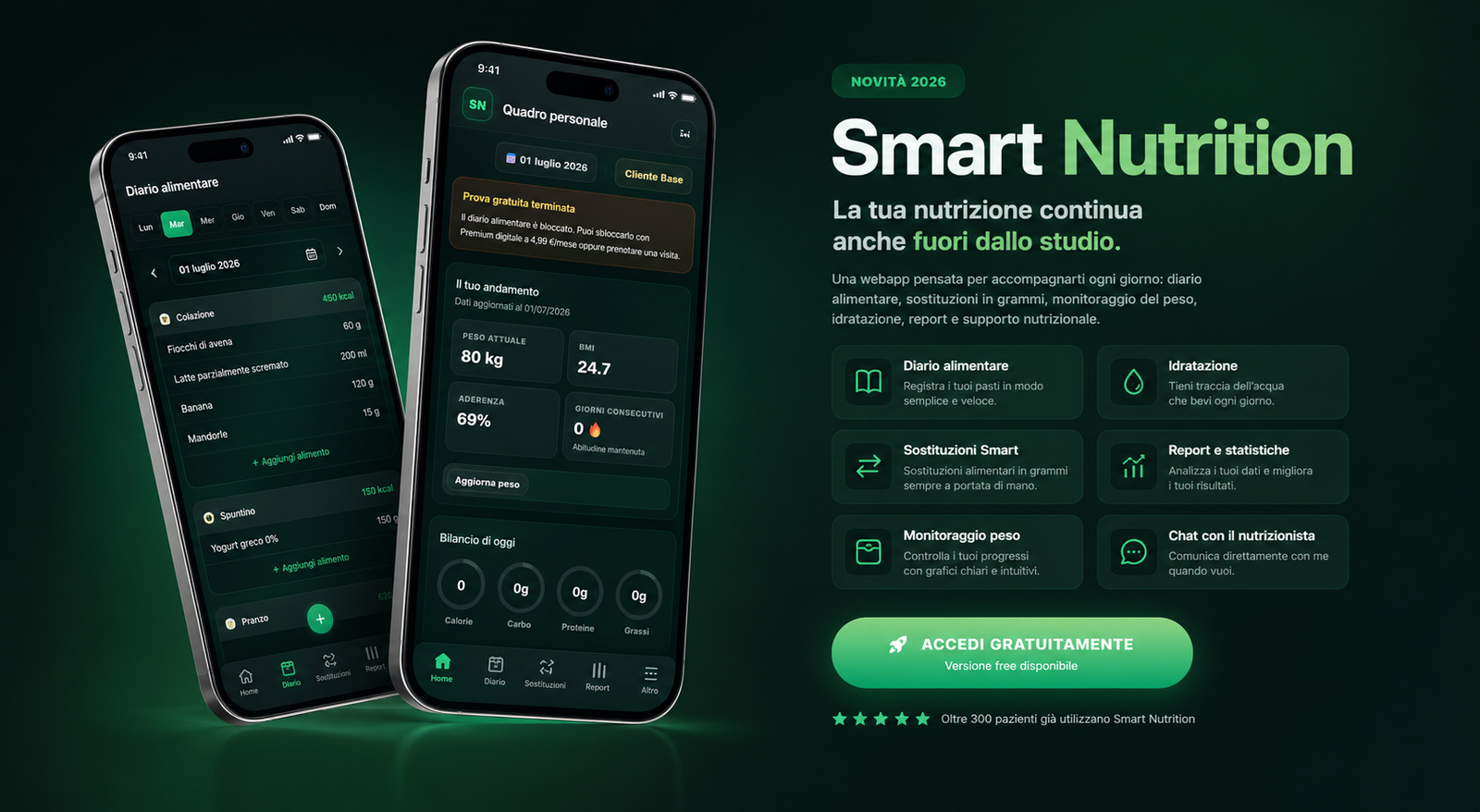 Smart Nutrition webapp nutrizionale con diario alimentare, sostituzioni smart, monitoraggio peso e chat nutrizionista